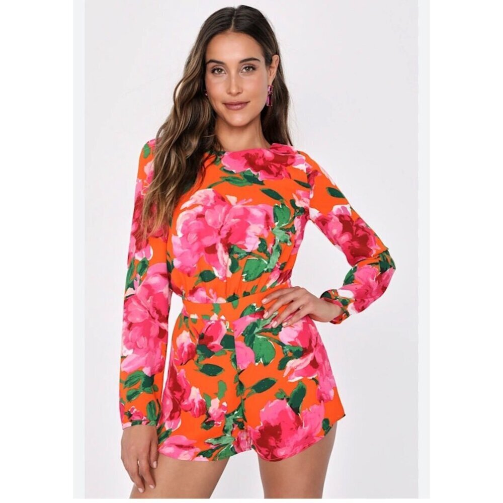 Lulus Sweetest Song Orange Floral Backless Long Sleeve Romper Size M NWT - Picture 2 of 9